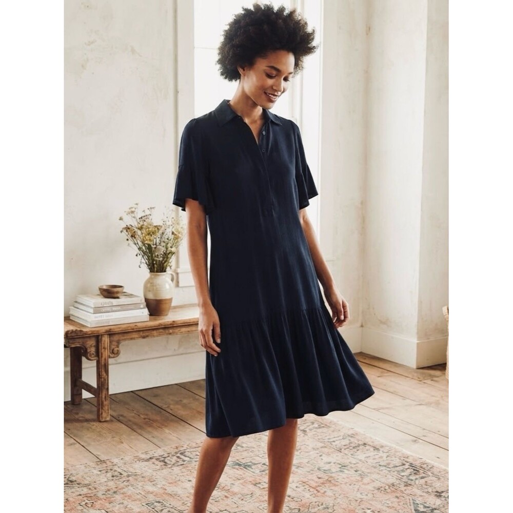 Chicos 100% rayon navy blue crinkled gauze shirt dress